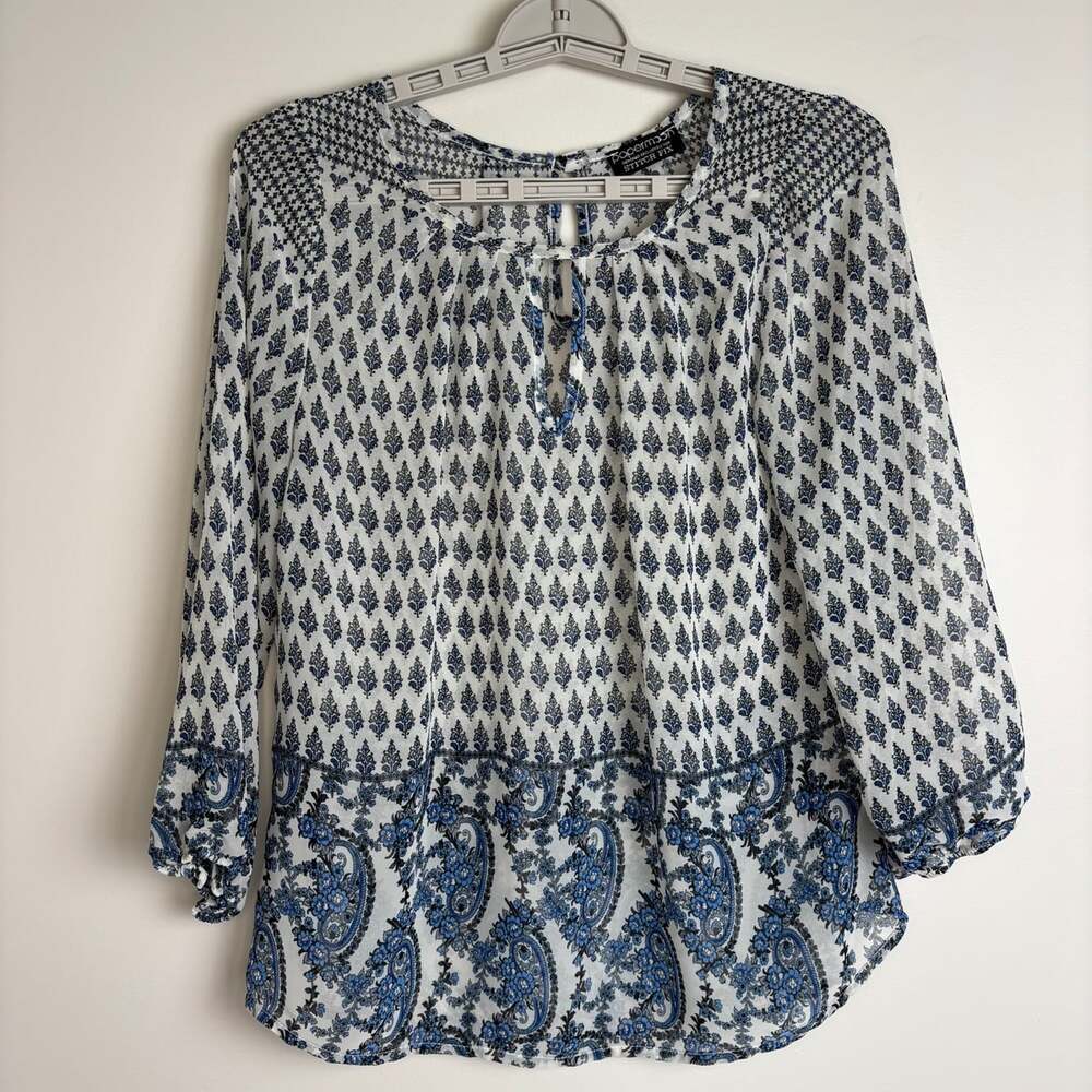 PAPERMOON Stitch Fix Flowy Keyhole Long Sleeve Blouse Women S Paisley Blue White